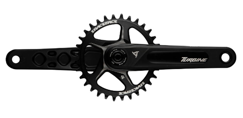 race face turbine mountain bike cranks with chainring on a white background