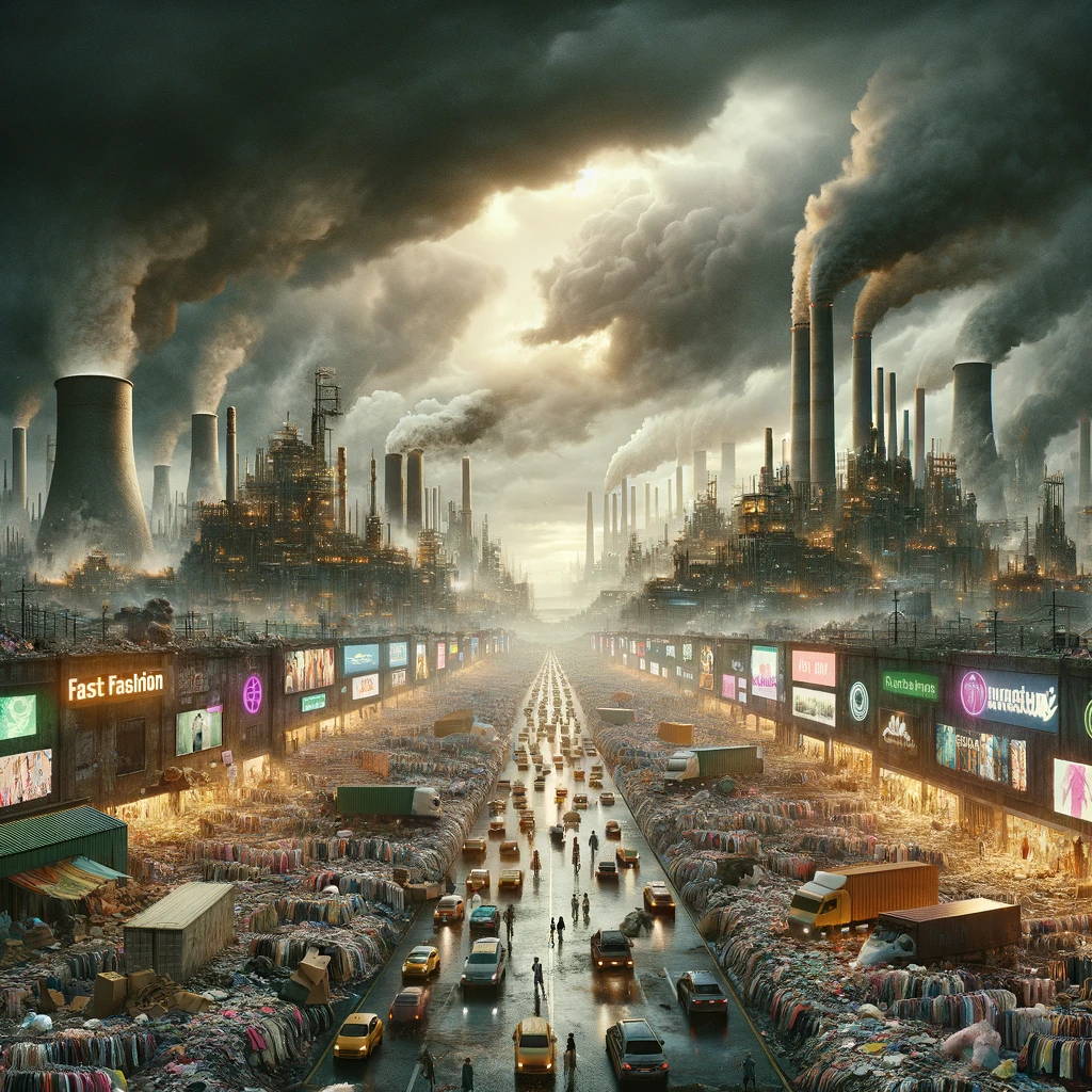 This image shows a bleak future which resembles a scene from WALL-E...with clothes taking over the landscape.