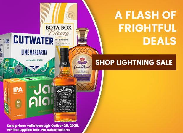 Promotional image featuring various alcoholic beverages and a sale announcement.