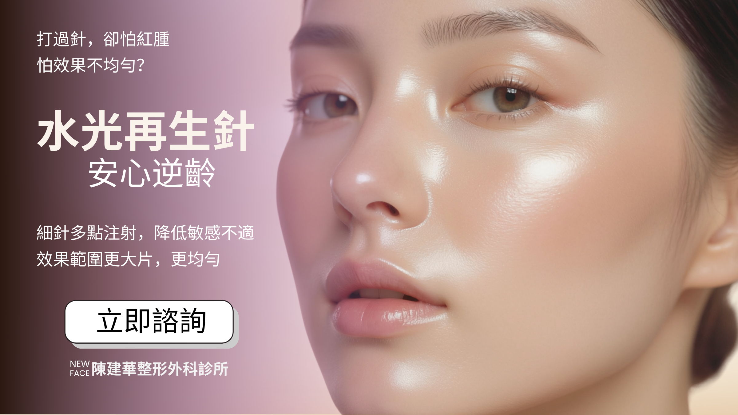 Close-up of a woman's face with glowing skin and promotional text.