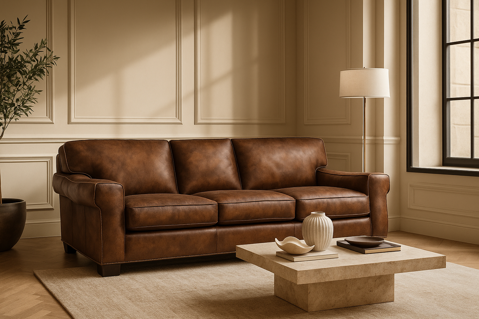 Brown leather sofa in a stylish living room with a coffee table.