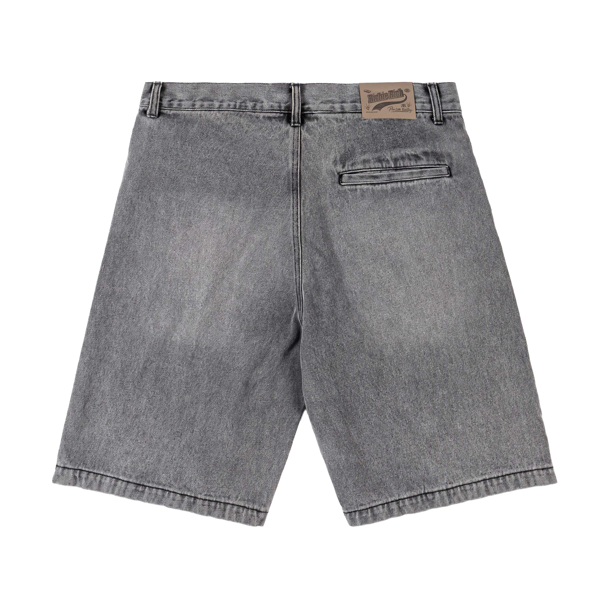 Gray denim shorts with graphic designs and 