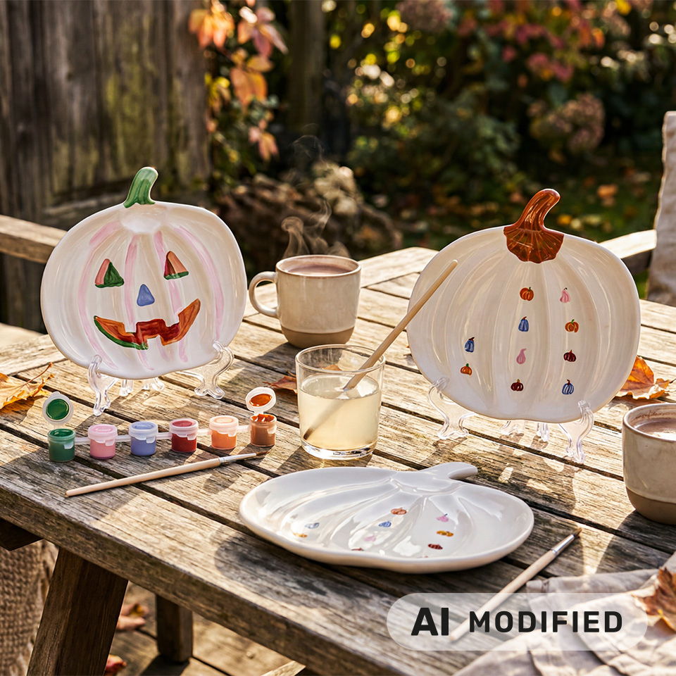 Citrouilles décoratives peintes sur une table avec des fournitures artistiques et des boissons.