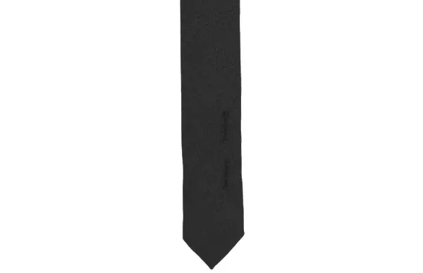Closeup of two button holes on the tail of a black uniform tie
