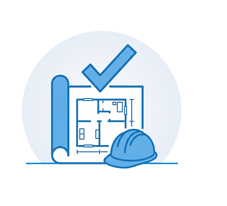 Blueprint with checkmark and construction helmet icon.