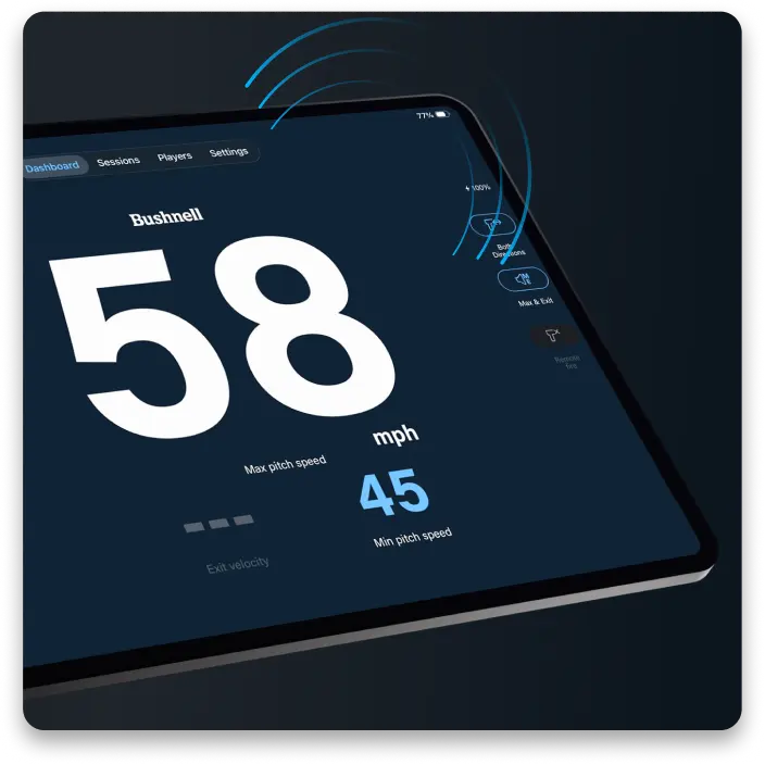 Tablet displaying speed metrics, showing 58 mph and 45 mph pitch speed.