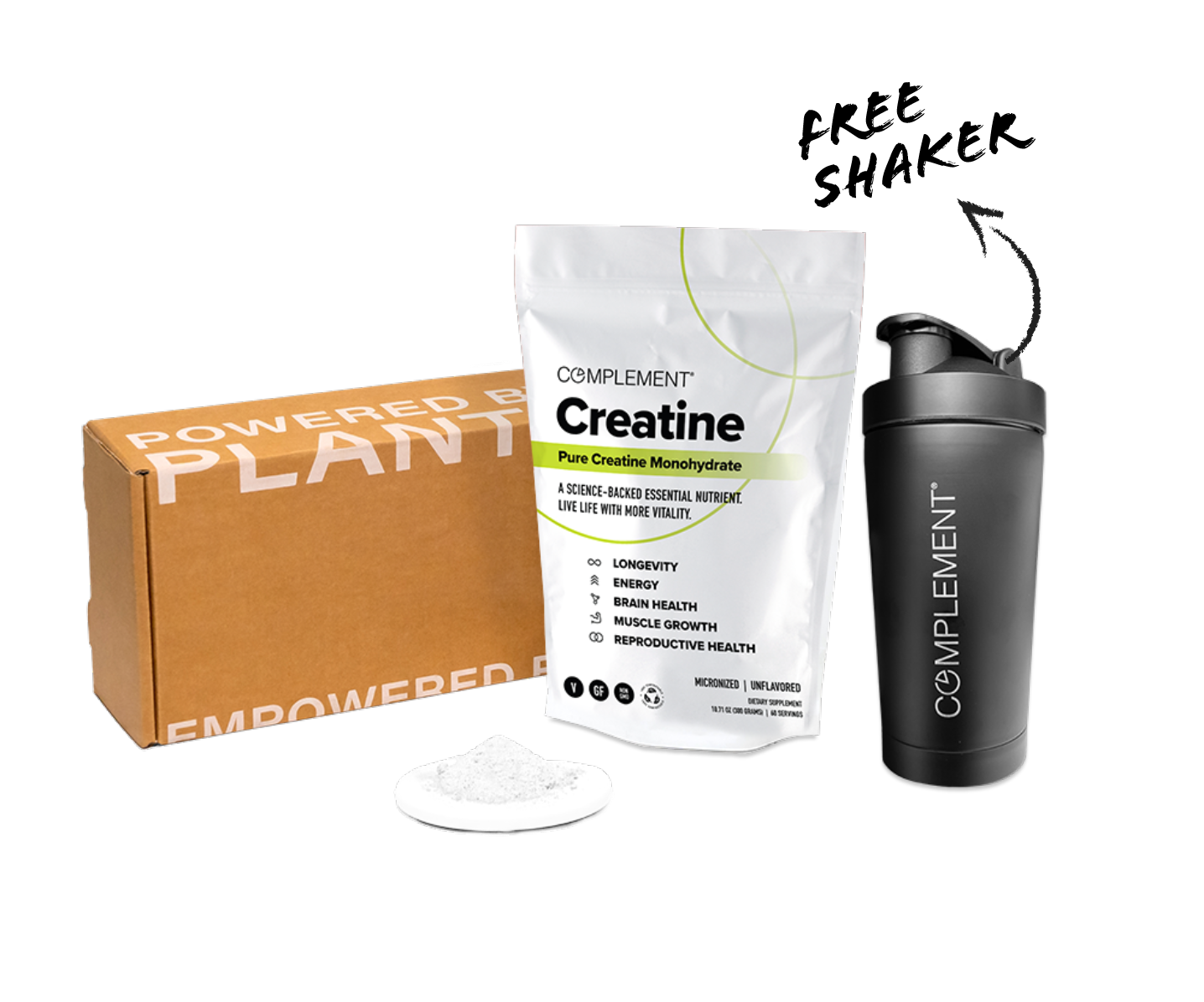Container of Complement Creatine Monohydrate supplement for energy and muscle growth.