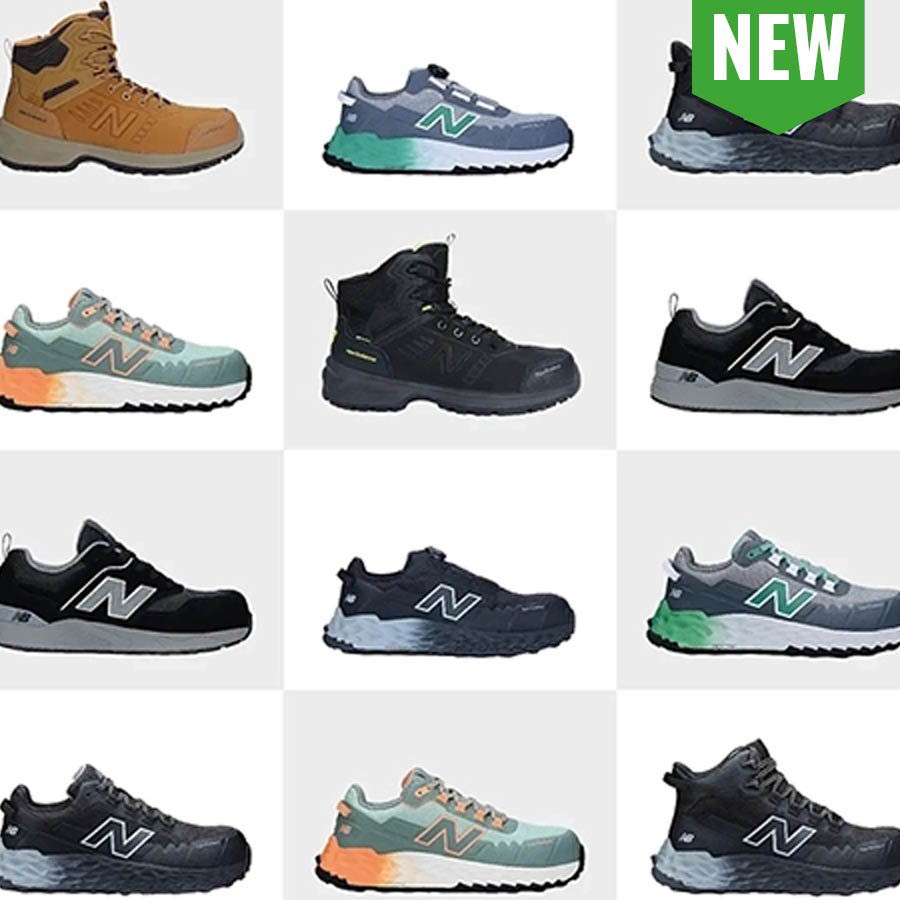 Grid of various New Balance shoes, including styles and colors.