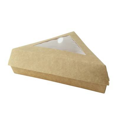 A kraft triangular slice box with a windowed lid