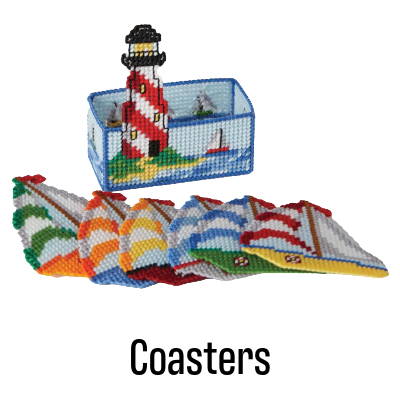 Coasters. Image: Herrschners Nautical Delight Coasters Plastic Canvas Kit.