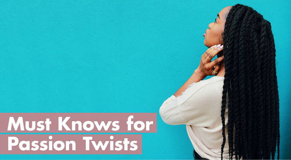 Woman with long braids against a turquoise background, text overlay about passion twists.