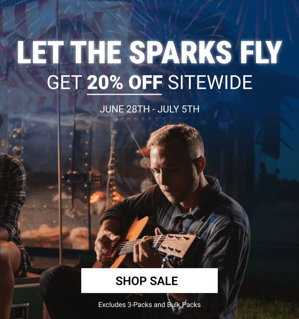 Elixir Strings - Promotional banner for a sale with a guitarist and discount details. 20% Off Sitewide