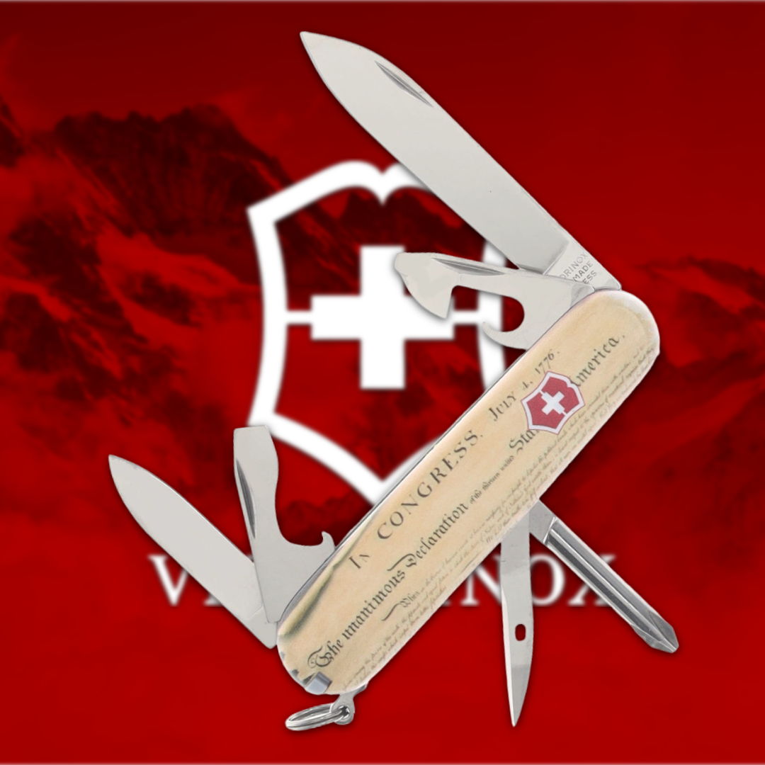 A Swiss Army knife with multiple tools against a red background.