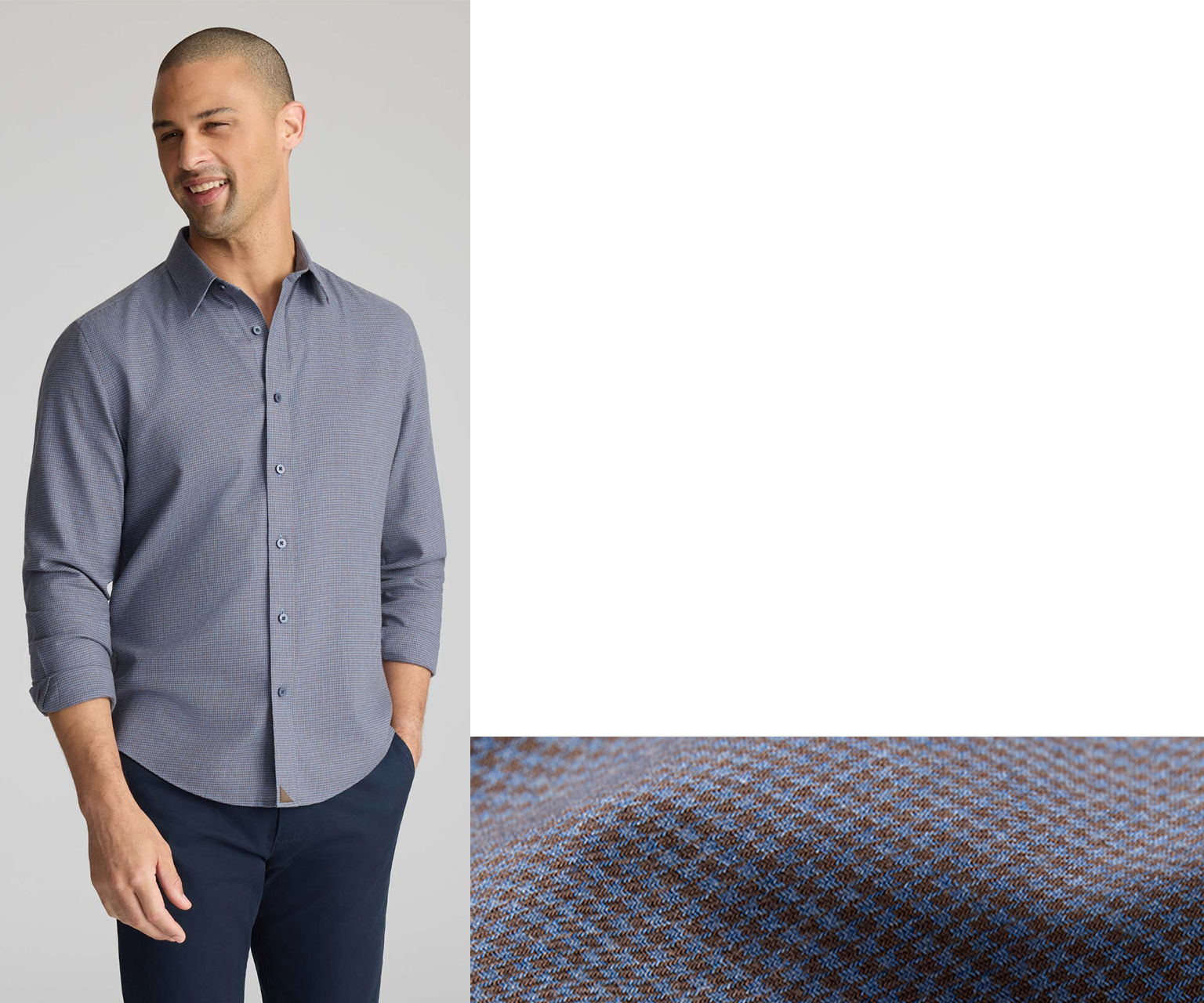 Man wearing a button-up shirt, fabric swatch displayed beside him.