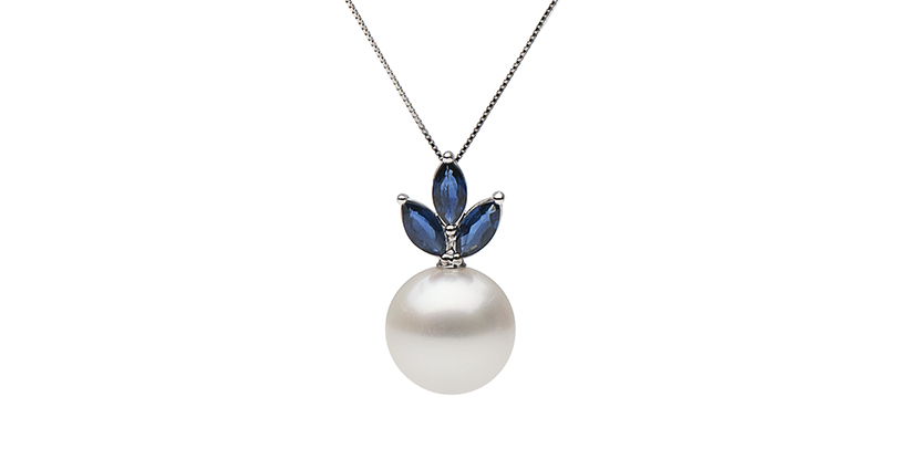 Custom White South Sea Pearl Pearl and Blue Sapphire Pendant