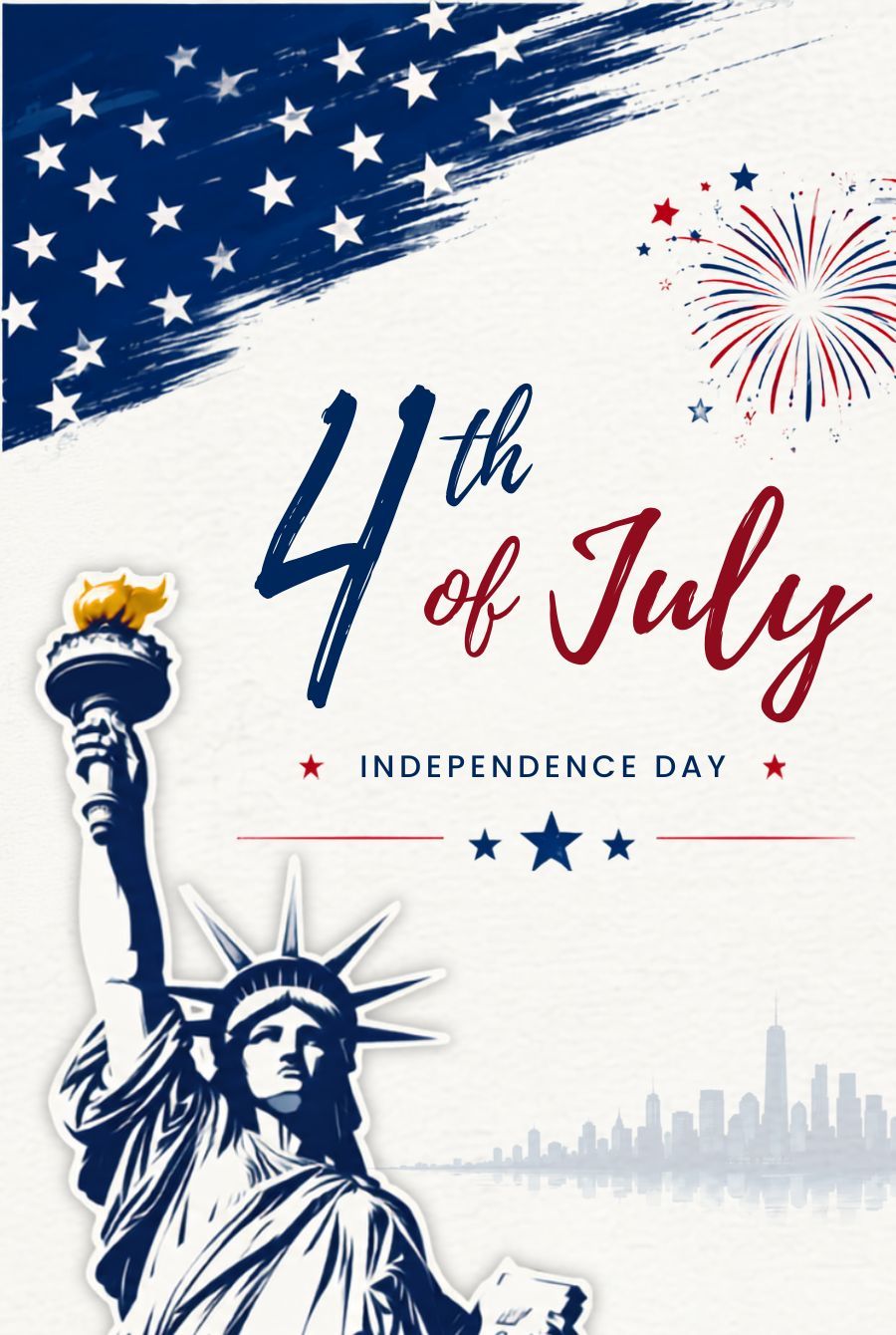 4th of July Independence Day with Statue of Liberty and fireworks.