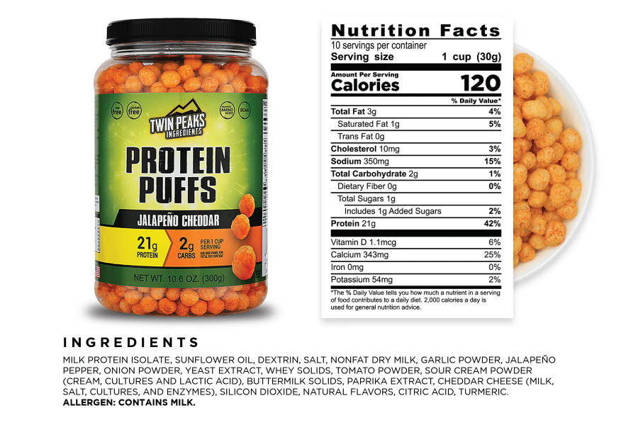 Jalapeno Cheddar Protein Puffs Jug and Nutrition Facts
