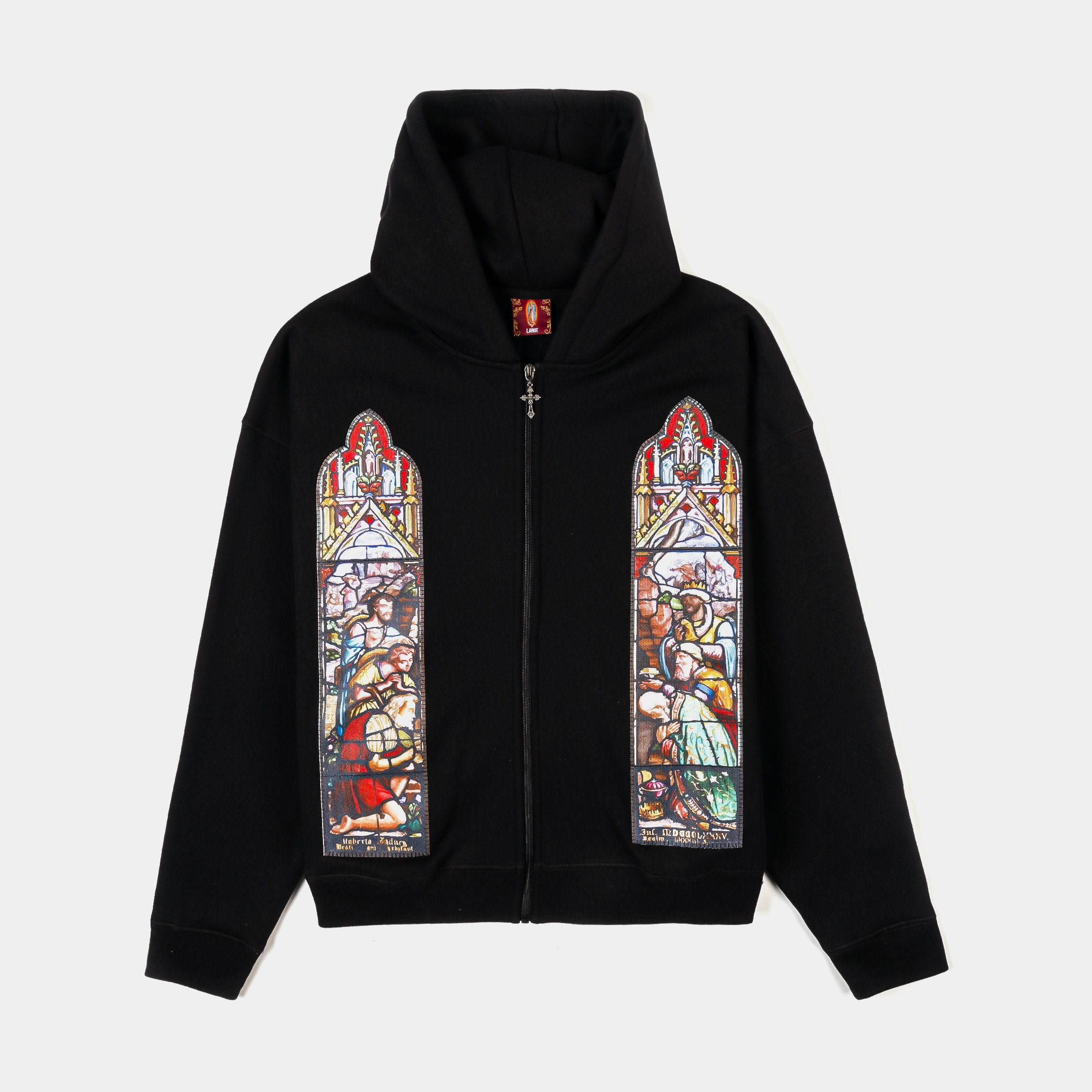 Black hoodie with colorful stained glass window designs on the front.