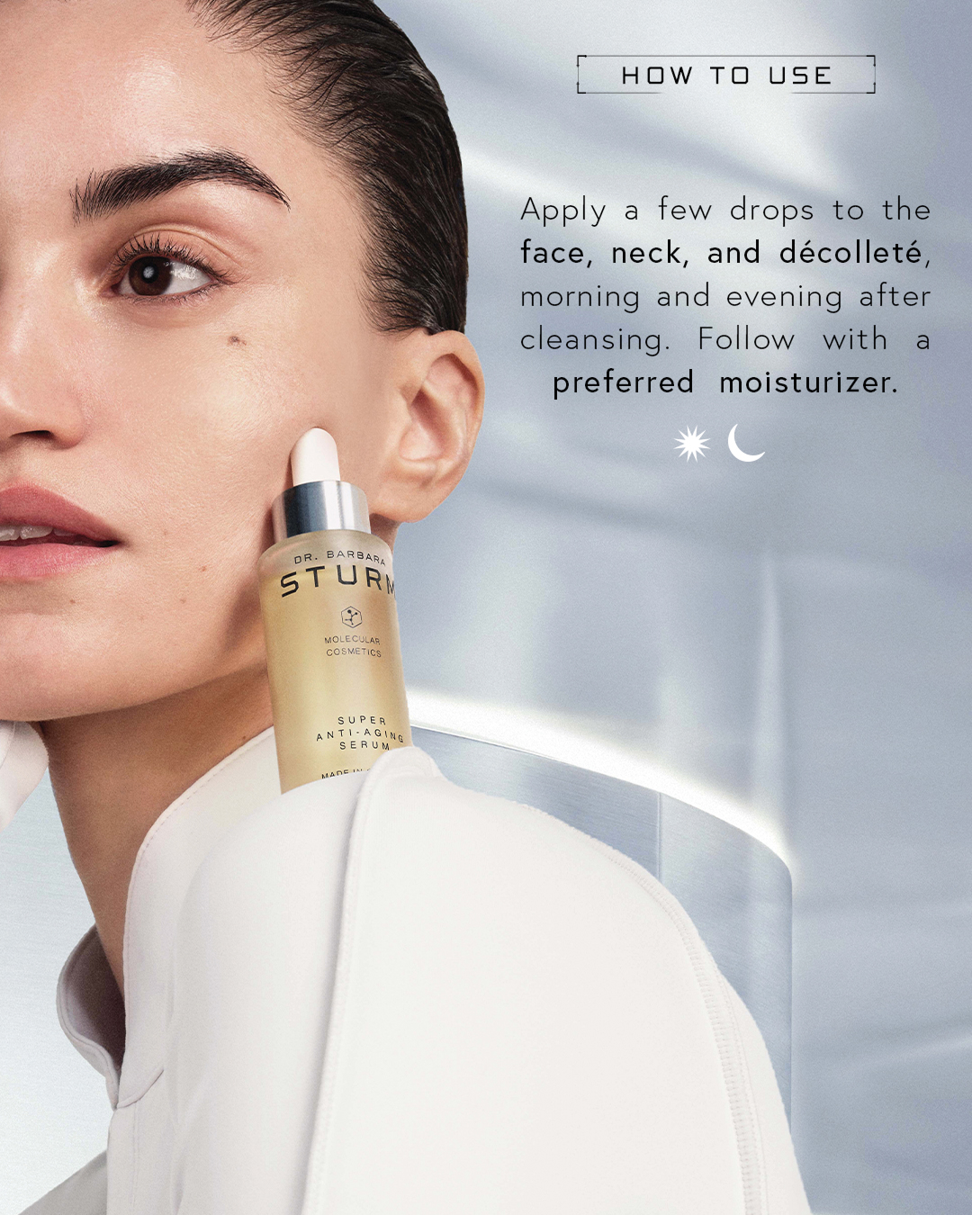 A woman applying skincare product with usage instructions.
