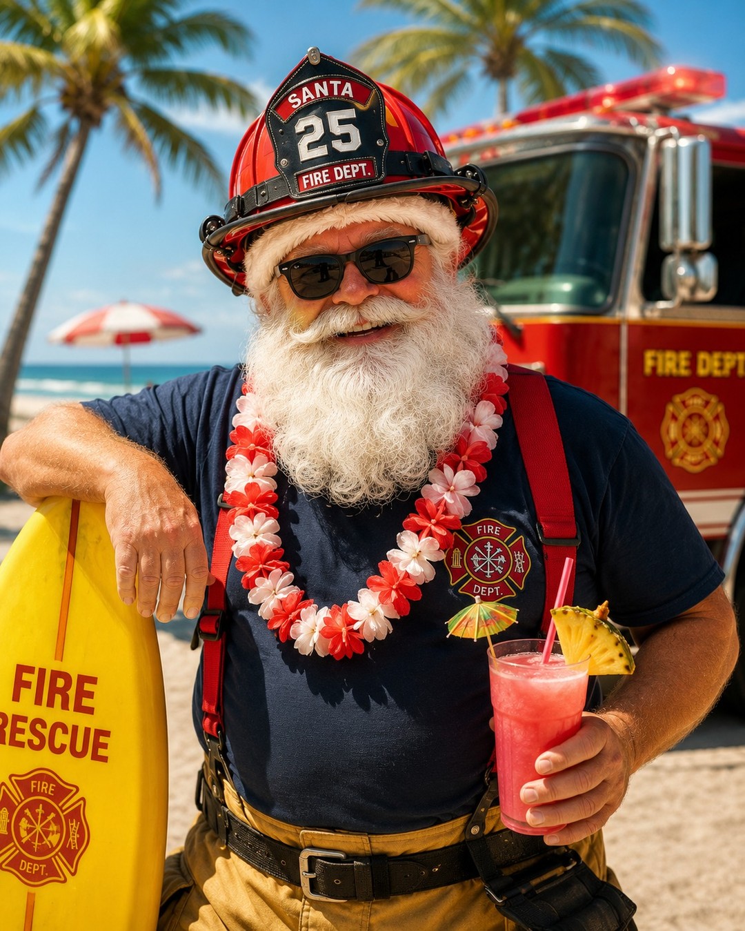 Santa in a fireman outfit at the beach with a drink and surfboard.