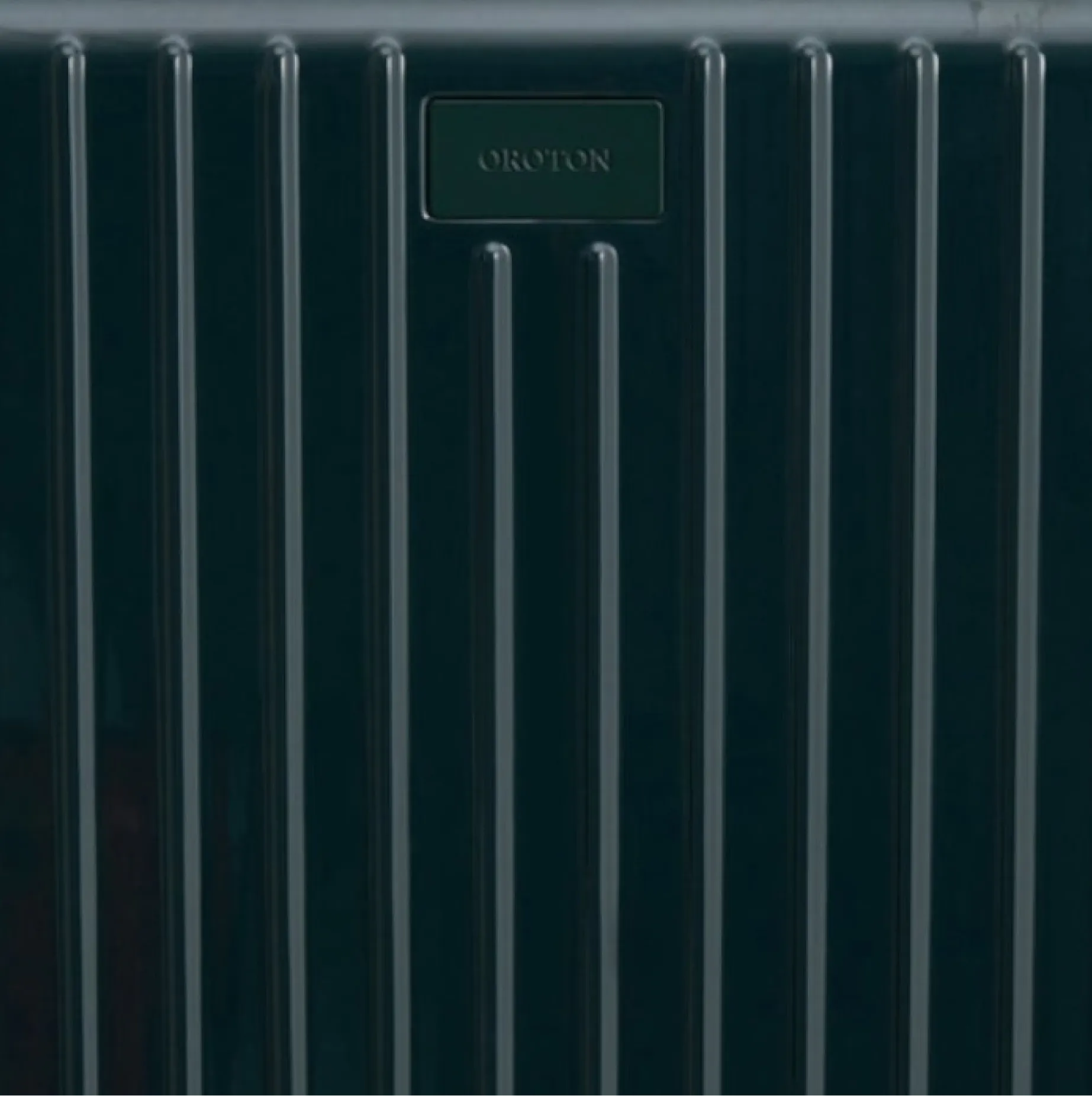 Dark green vertical-striped object with a brand label.
