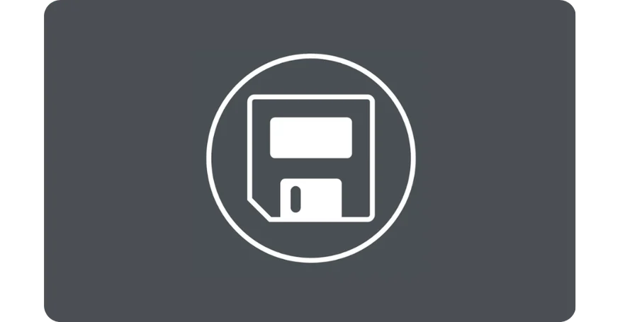 Icon of a floppy disk in a circular outline on a dark background.