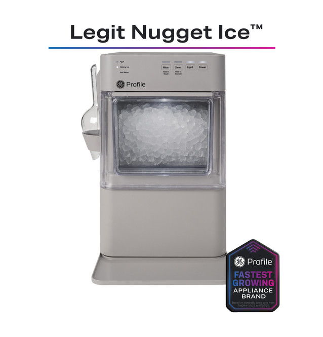 Nugget ice maker appliance with visible ice and branding.