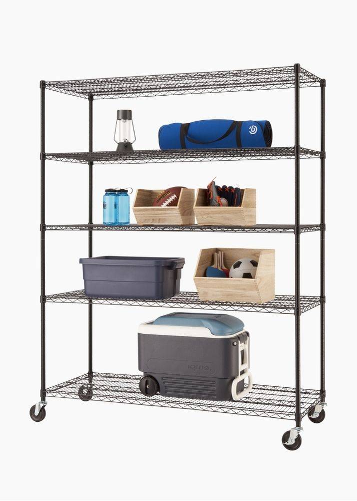 black wire shelving rack with garage items