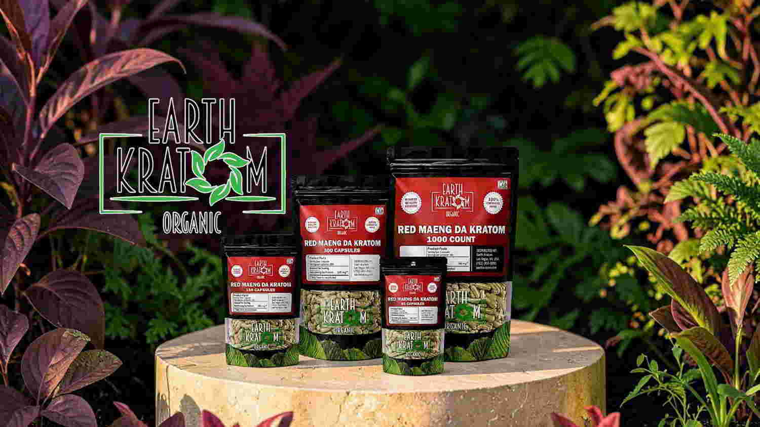 Assorted organic products displayed on a wooden surface with green foliage background.