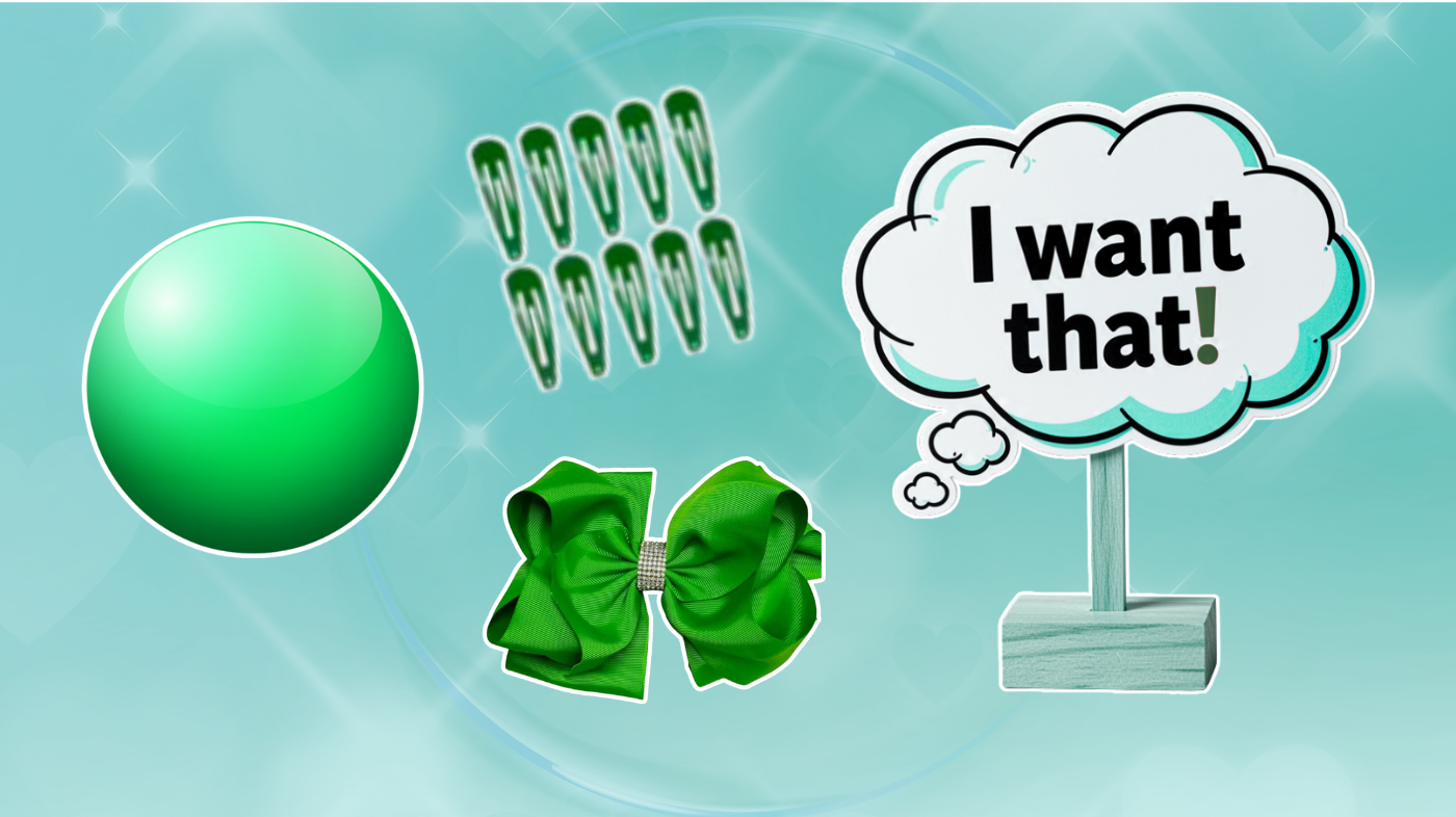 Envy cosplay accessories and creative touches including glowing green orb, themed signs with phrases like 'I want that!', green hair clips, and exaggerated bows for Inside Out 2 convention-ready look