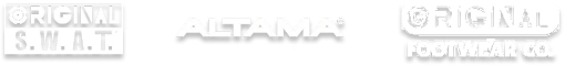 Three brand logos displayed in a horizontal row on a black background, all in white. From left to right: Original S.W.A.T. logo with a circular crosshair emblem; ALTAMA wordmark in bold serif capitals; Original Footwear Co. logo with a circular crosshair emblem and stacked text. Official brand family lockup for Original Footwear.
