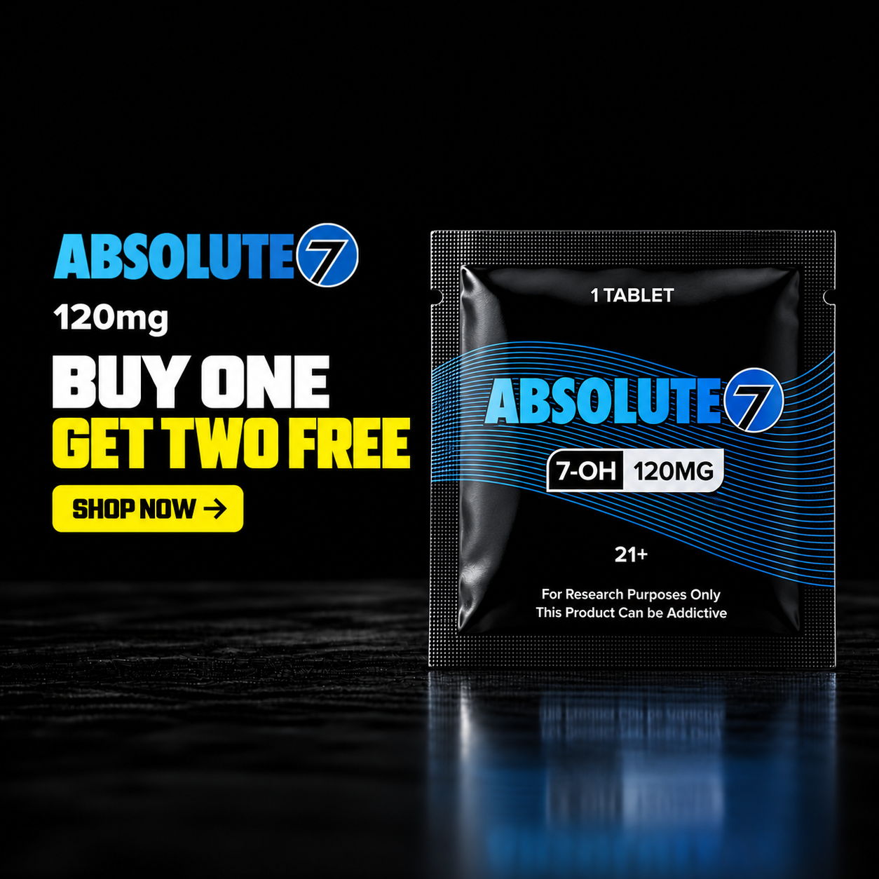 Absolute 7 product advertisement with promotional offer and dosage information.