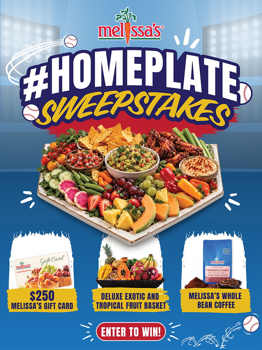 Promotional image for Melissa's Homeplate Sweepstakes with food items and prizes.