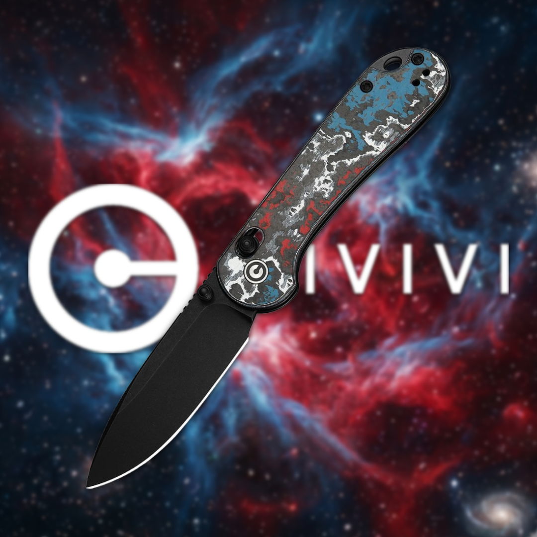 A knife with a colorful handle against a cosmic background.