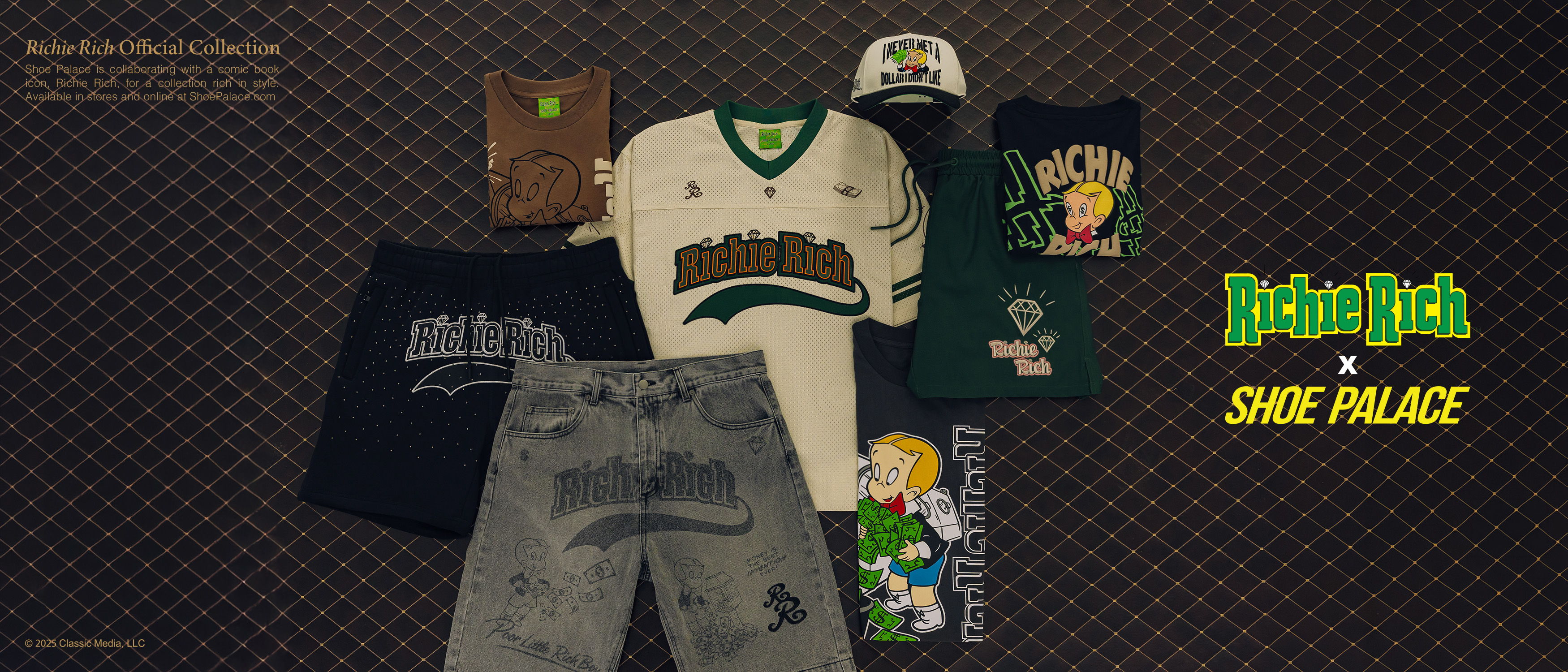 Collection of clothing items and accessories on a textured background.