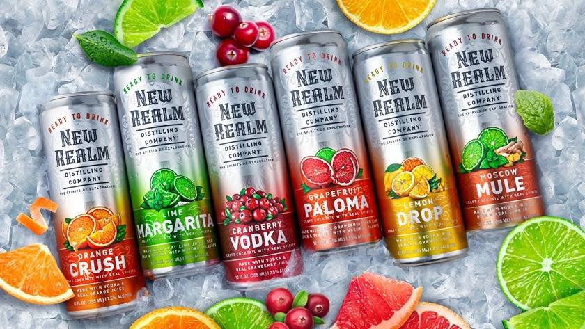RTD cocktails in 12-oz sleek cans from New Realm Distilling