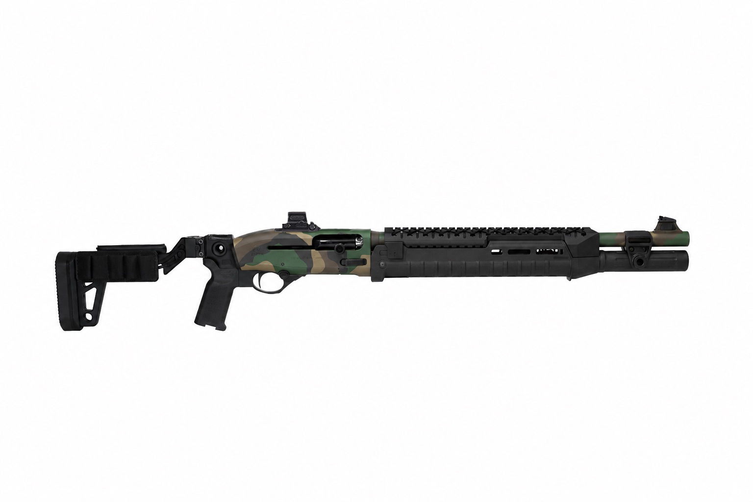 A camouflaged shotgun with adjustable stock and tactical features.