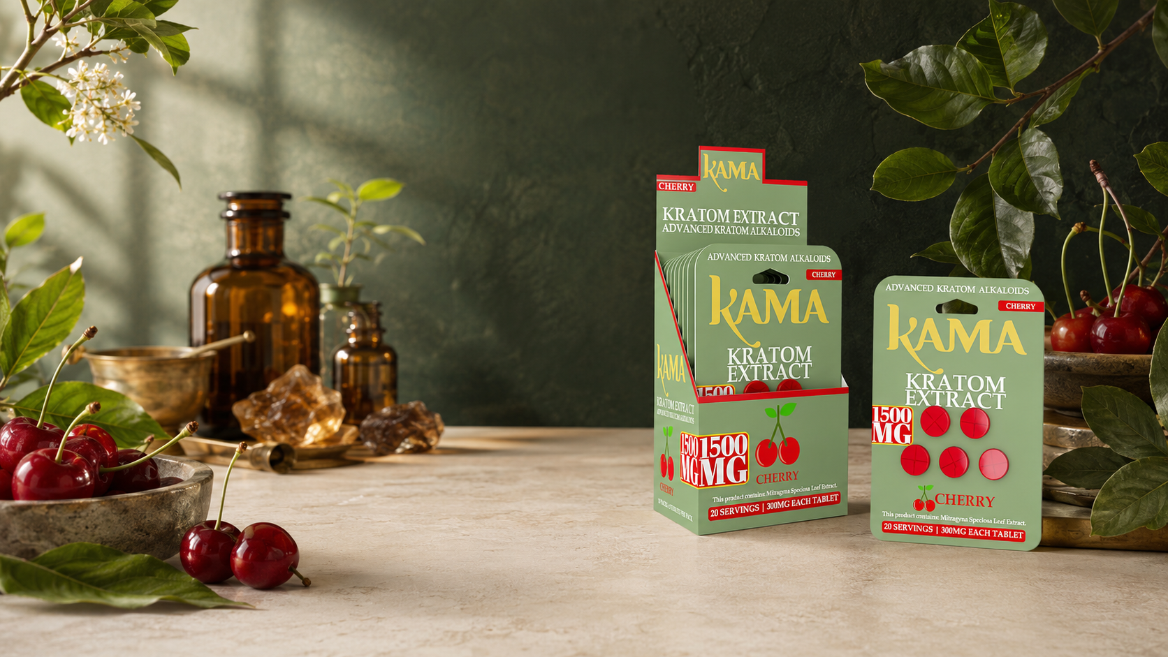 Two boxes of Kama products on a table with greenery and decorative items.