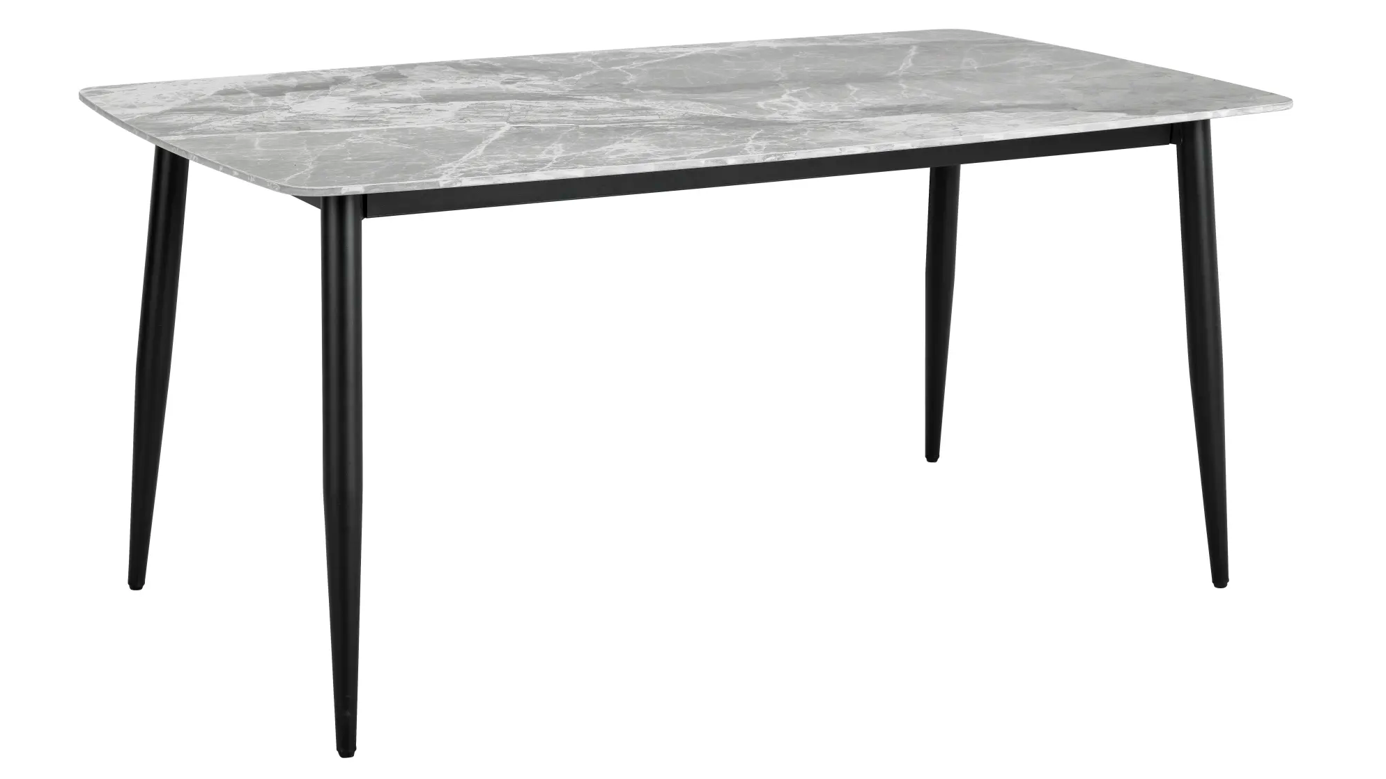 A faux marble tabletop with black legs to support.