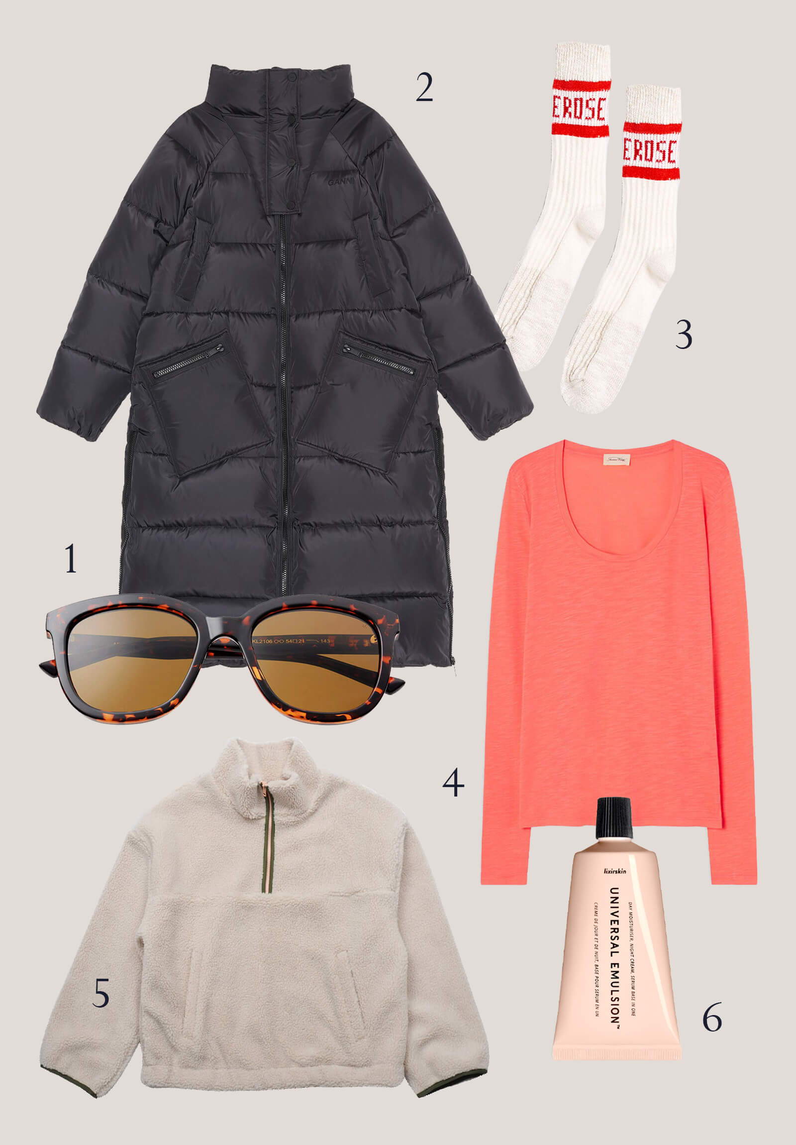 A collage of six products for her to wear on the slopes.