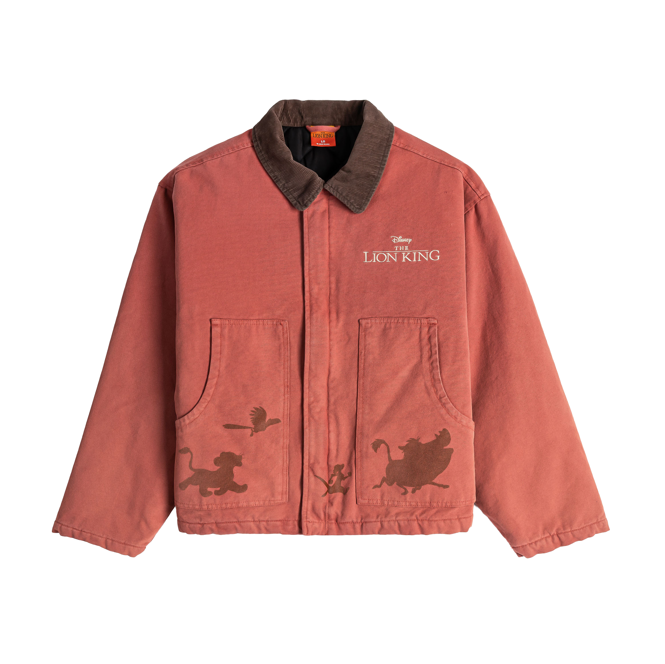 Red jacket with cartoon characters and logo on the front.