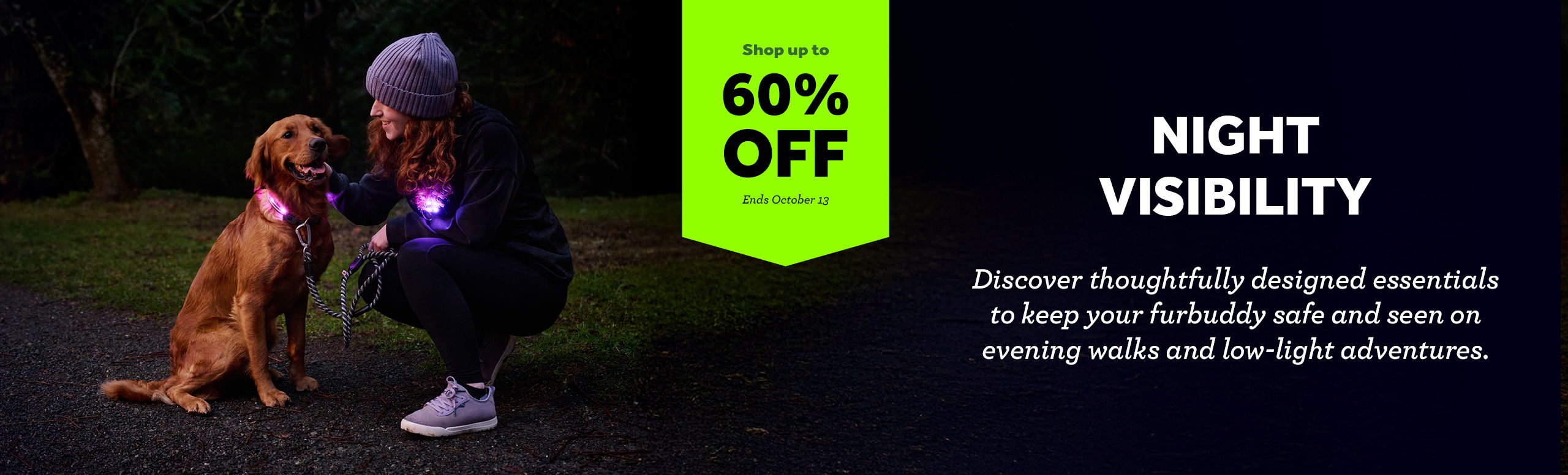 Person with dog wearing glowing accessories in a dark setting.