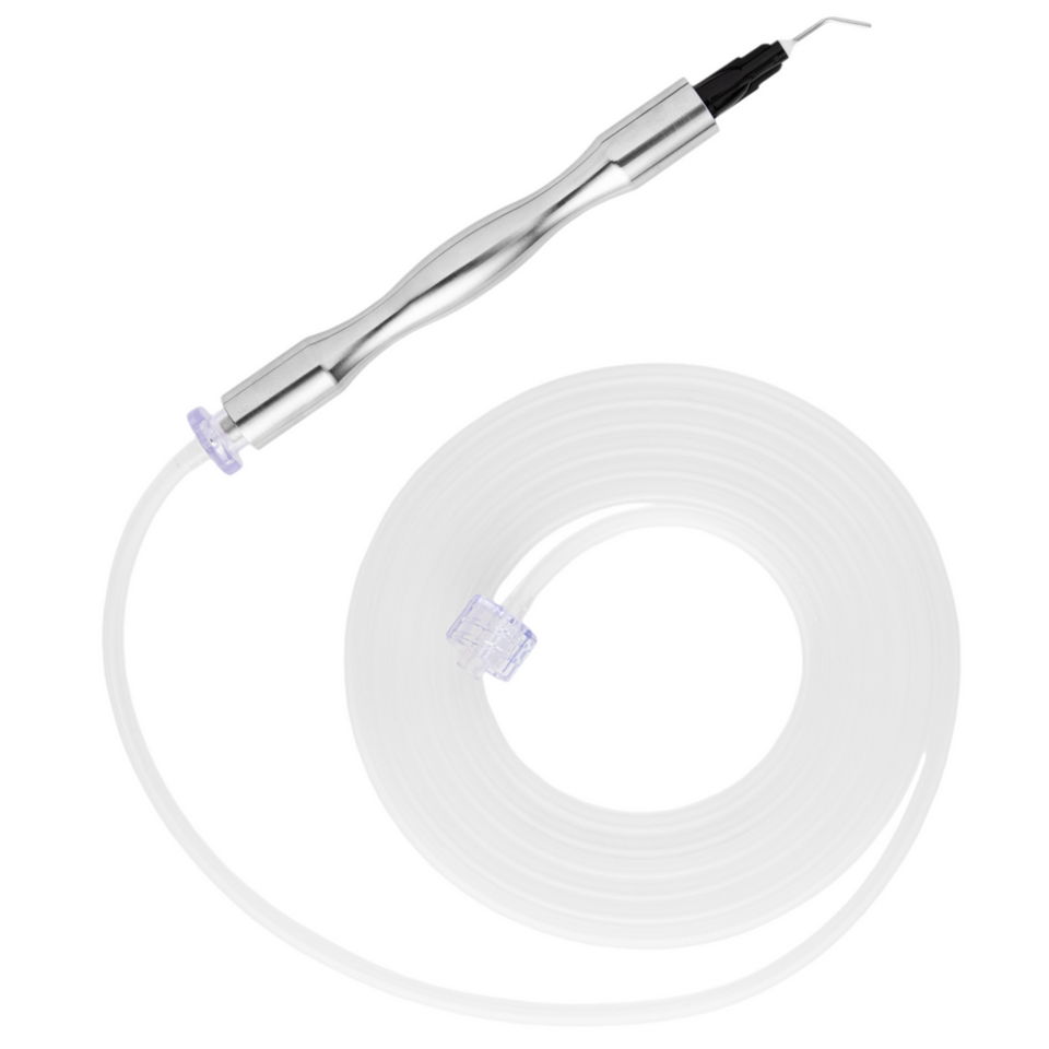Dental scaler with a flexible tube attached.
