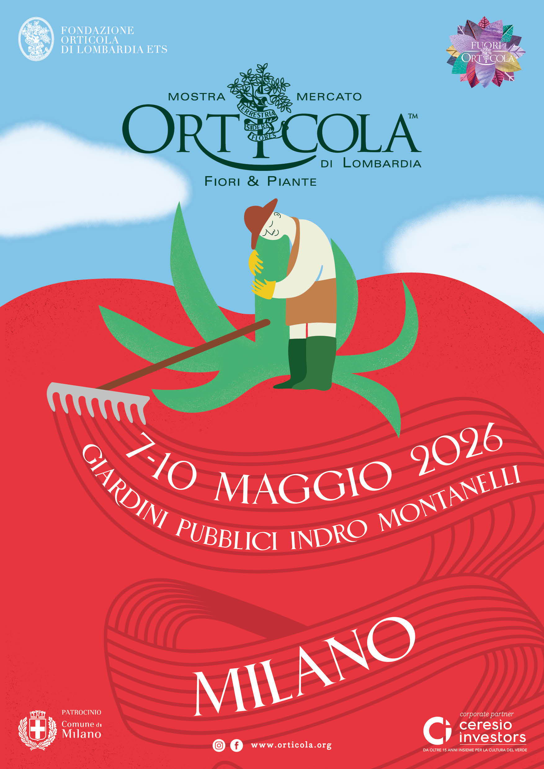 Event poster for Orticola in Milan, May 7-10, 2026, featuring gardening elements.