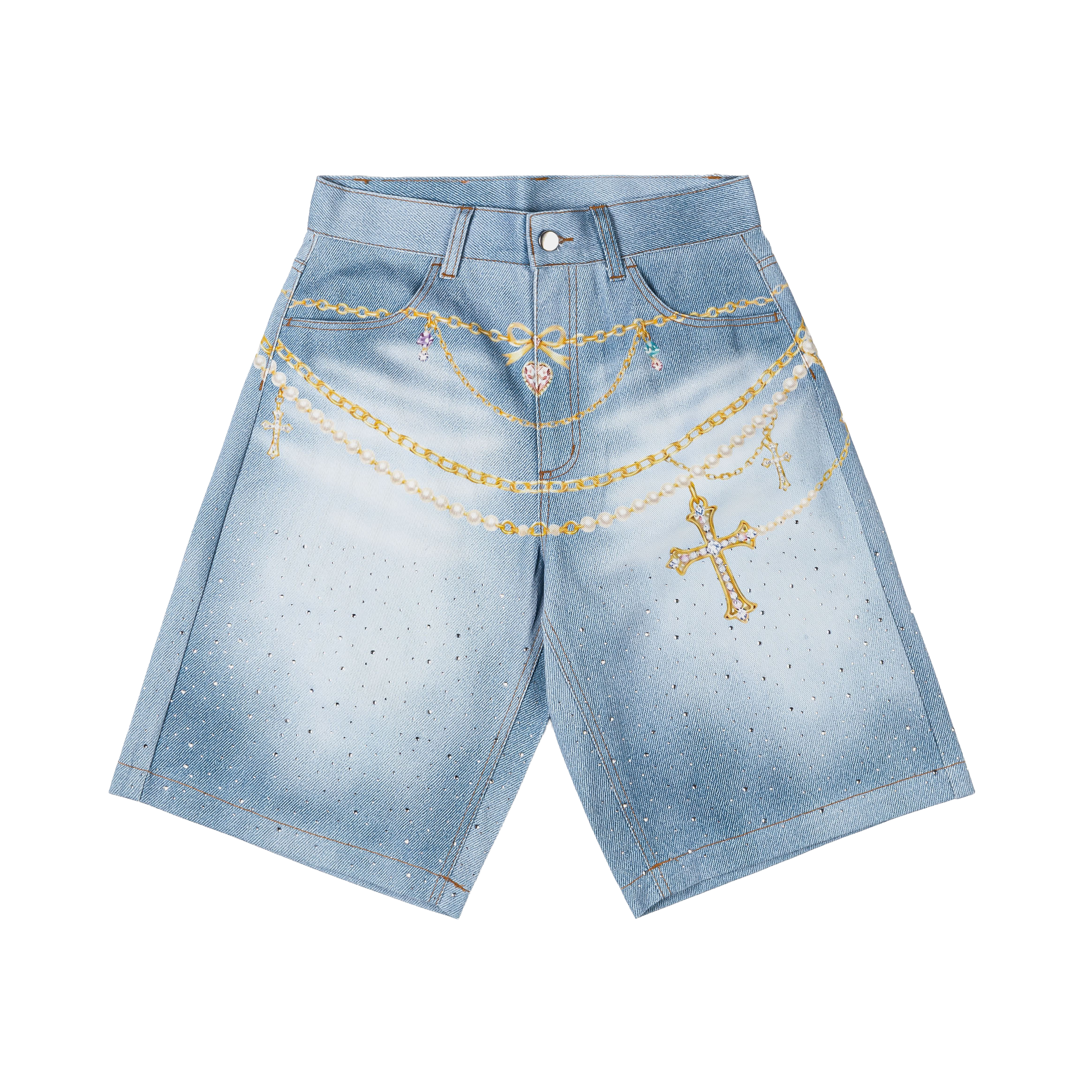 Denim shorts with decorative chains and a cross design.
