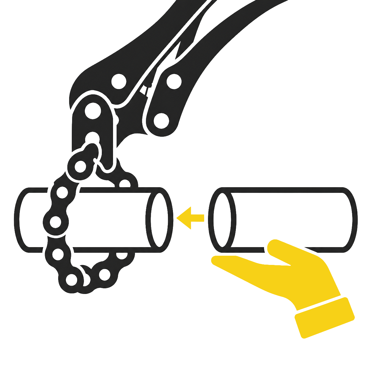 Illustration of a hand and robotic arm moving a pipe.