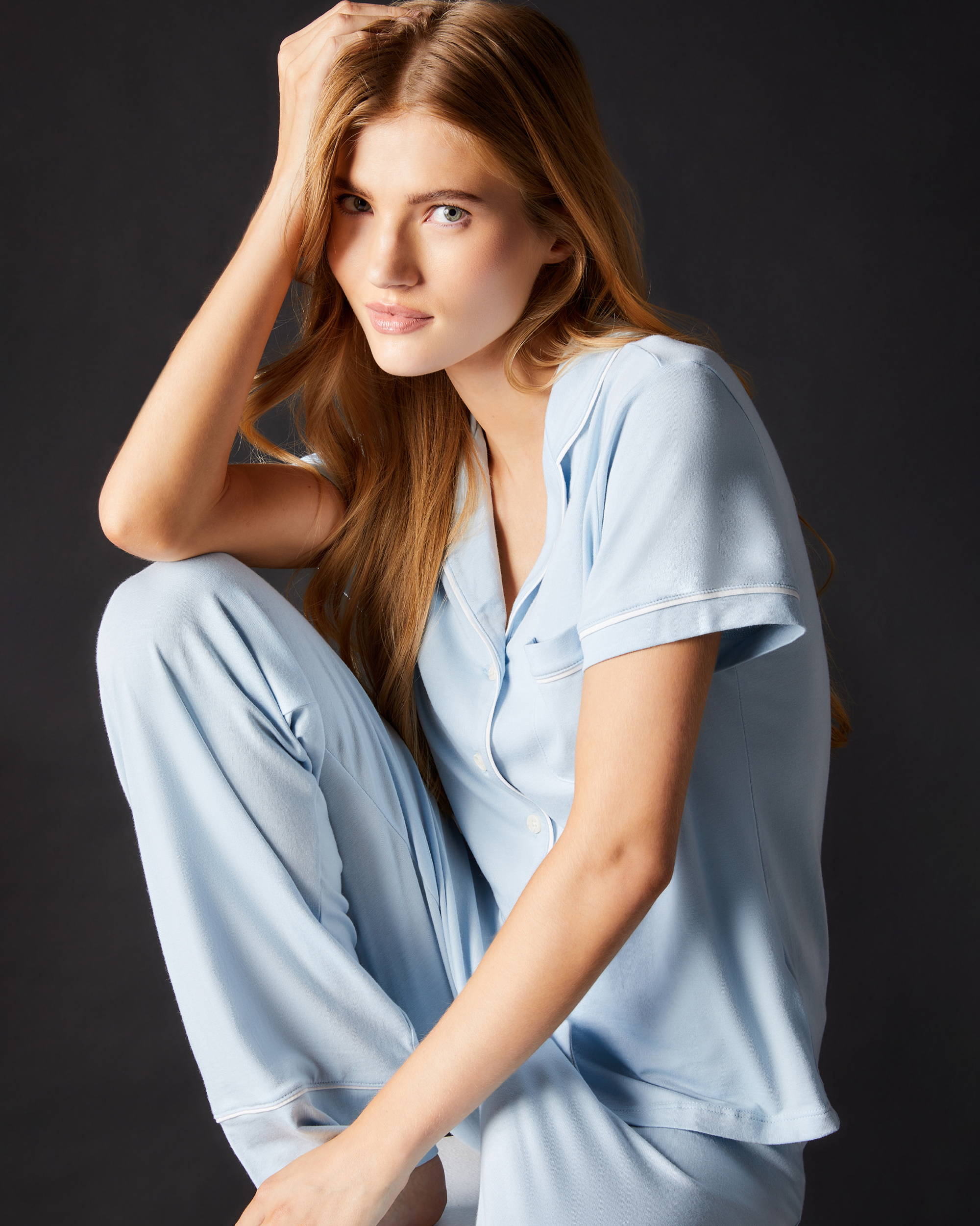Female model wearing the Journelle Lilly Short Sleeve & Pant Pajama Set