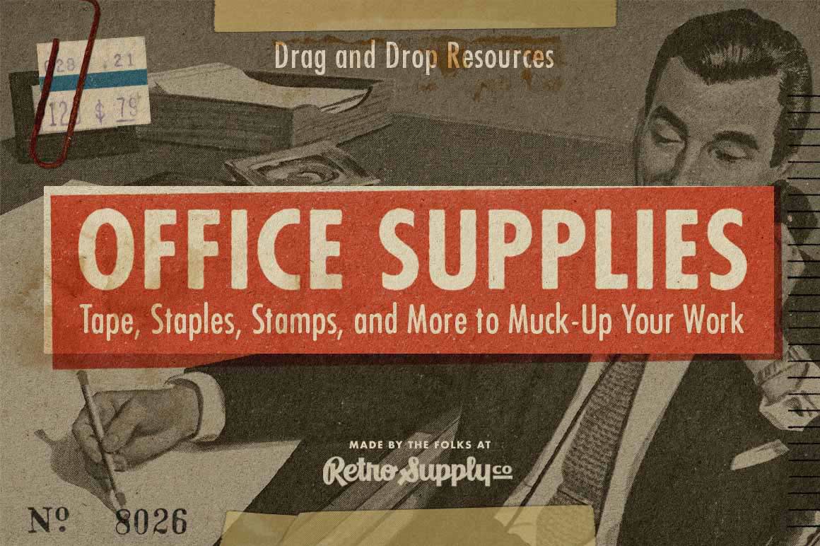 Office Supplies by RetroSupply Co. Drag and Drop digital tape, staple, and stamp textures.