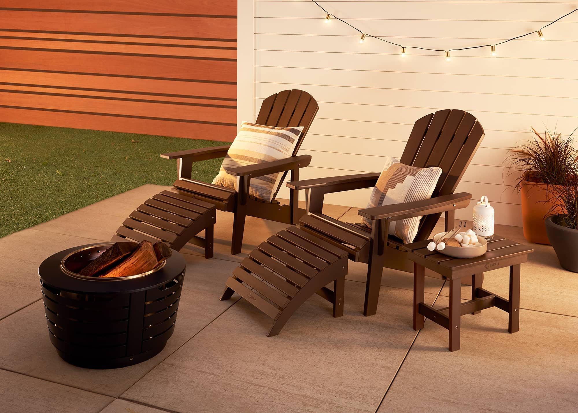 gray adirondack chair set with footrests and side table