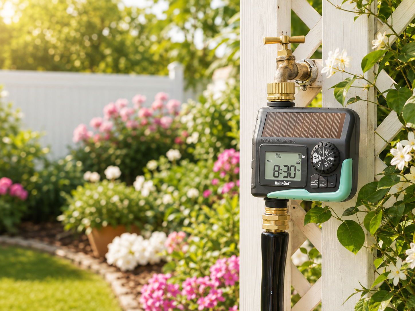 Irrigation timer mounted on a garden wall surrounded by blooming flowers.
